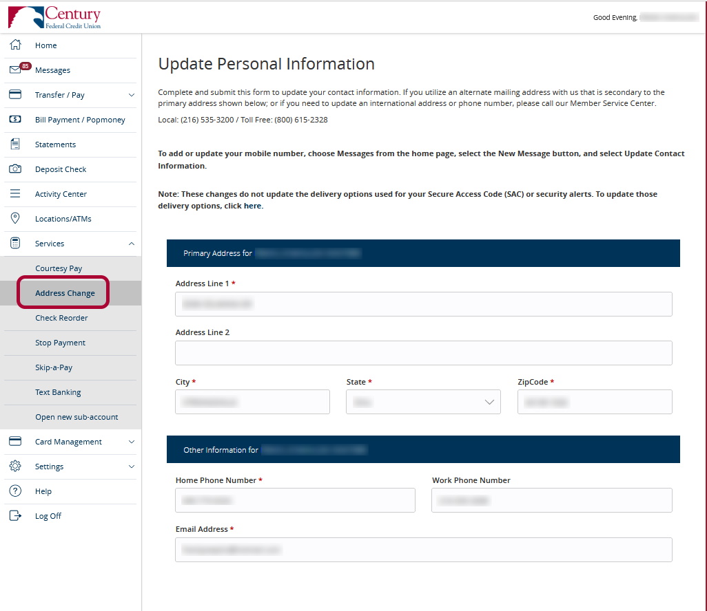 Screenshot of address change on online banking